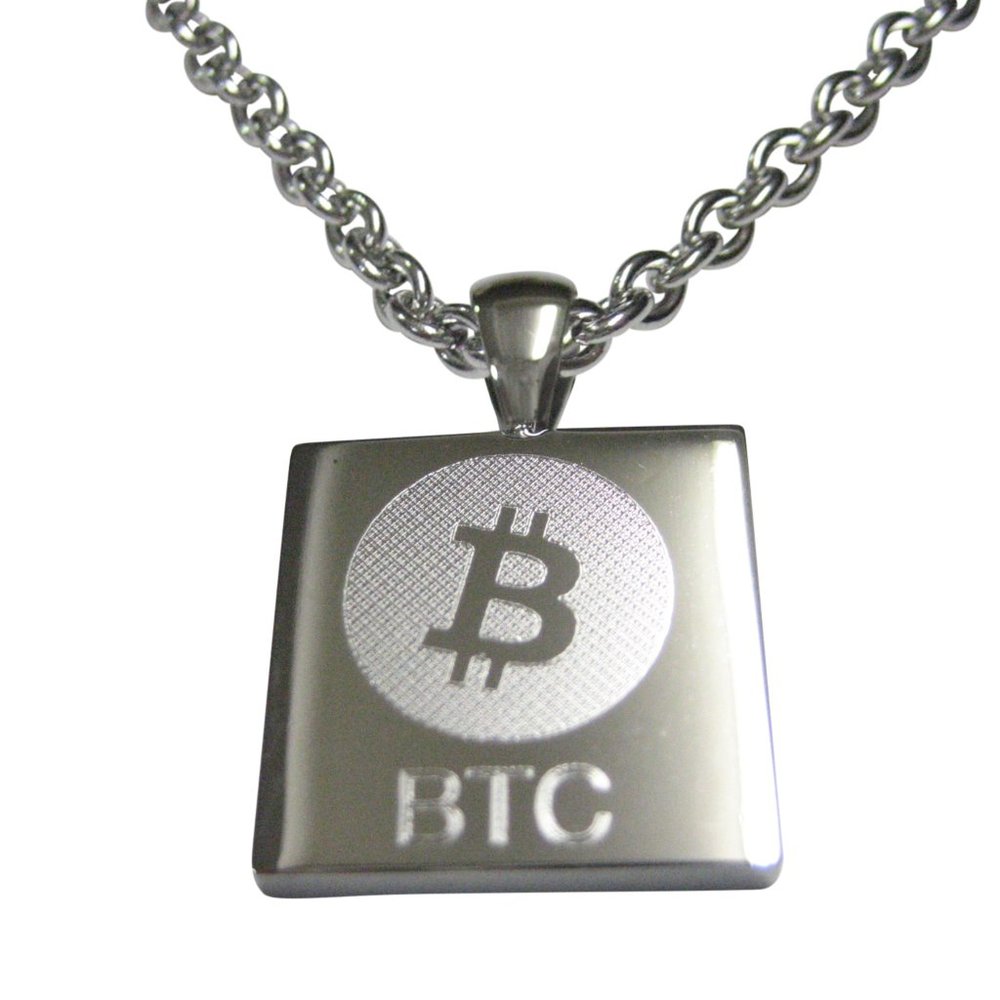 Square Etched Bitcoin Coin Cryptocurrency Blockchain Pendant Necklace